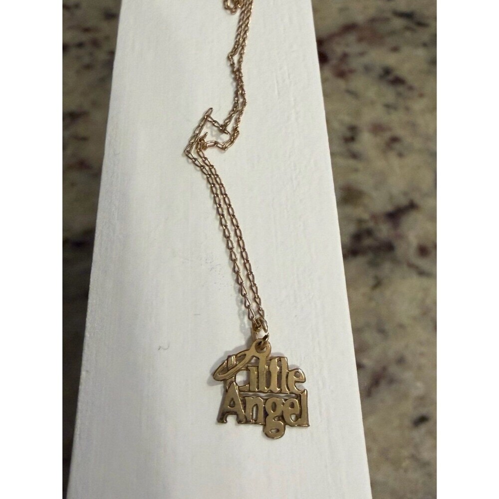 Little Angel Gold Tone / 14K GP Pendant Necklace Dainty Script Vintage